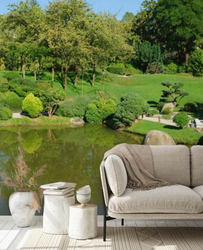 Decorazione murale con giardino giapponese e ponte rosso Decorazione murale con giardino giapponese e ponte rosso