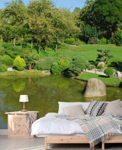 Japanese Garden with Red Bridge Wall Mural Japanese Garden with Red Bridge Wall Mural