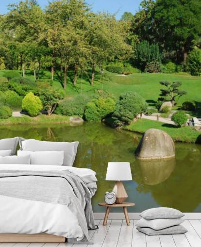 Decorazione murale con giardino giapponese e ponte rosso