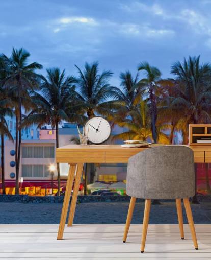 Farbige Häuser am Miami Beach in der Abenddämmerung Fototapete