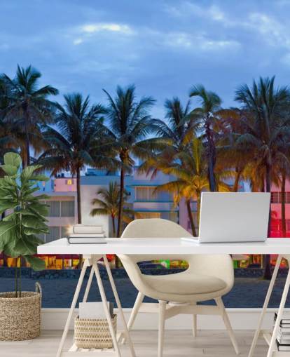 Decorazione murale con case colorate sulla spiaggia di Miami al tramonto Decorazione murale con case colorate sulla spiaggia di Miami al tramonto