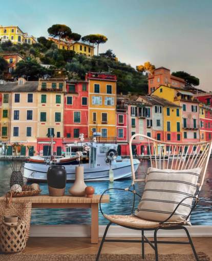 papel pintado de casas italianas coloridas en la costa