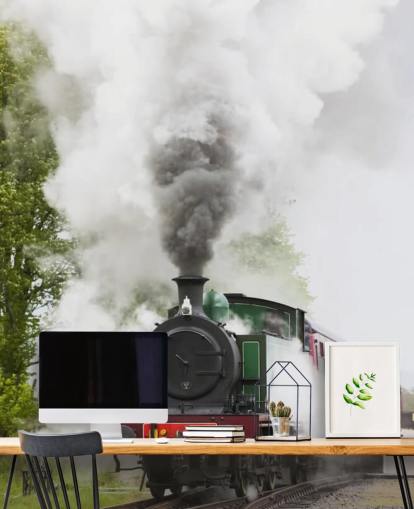 Punainen ja vihreä höyryjuna radalla Taustakuva