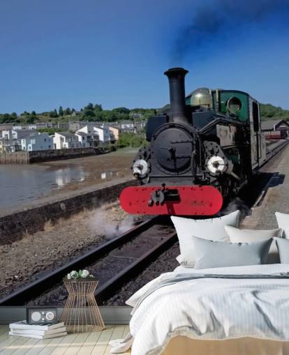 Fondo de pantalla de tren de vapor verde por la costa Fondo de pantalla de tren de vapor verde por la costa