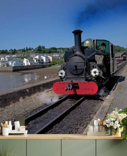 Fondo de pantalla de tren de vapor verde por la costa