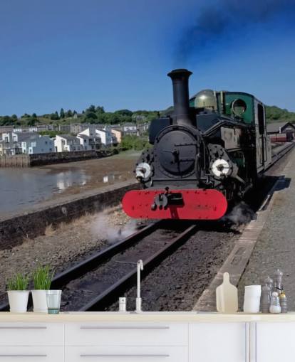 Fondo de pantalla de tren de vapor verde por la costa