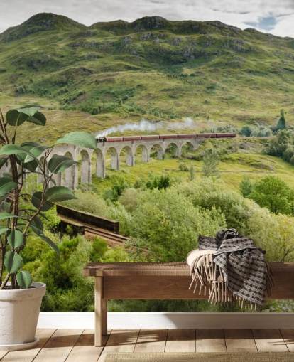 treinbehang muurschildering genaamd Steam Train on Glenfinnan Viaduct voor huizen en kantoren