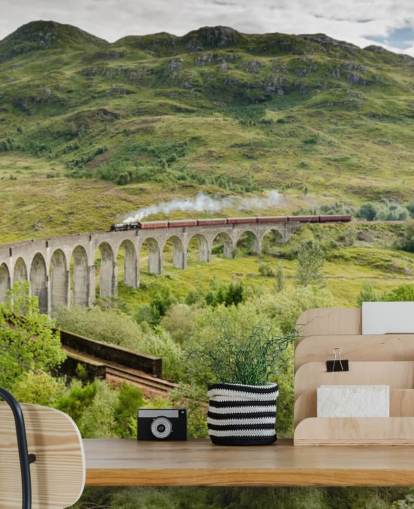 carta da parati murale con treno chiamato Steam Train on Glenfinnan Viaduct per case e uffici