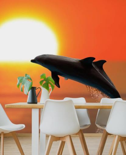 Dolfijnen springen bij zonsondergang behang