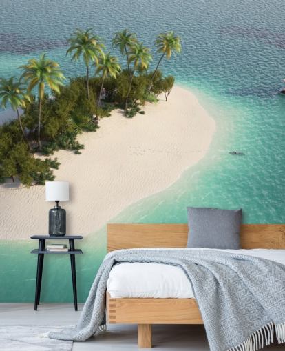 Aerial View of Small Palm Tree Island and Boat Wallpaper