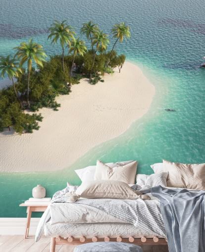 Aerial View of Small Palm Tree Island and Boat Wallpaper