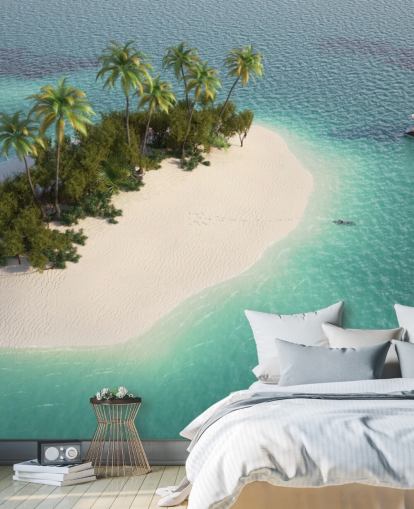 Aerial View of Small Palm Tree Island and Boat Wallpaper