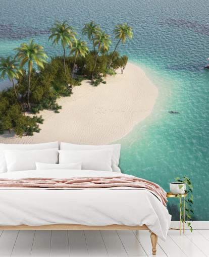 Aerial View of Small Palm Tree Island and Boat Wallpaper