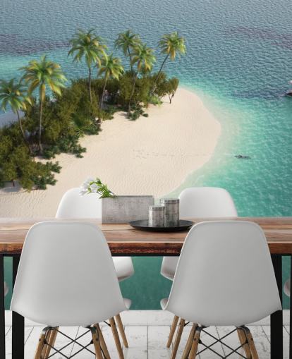 Aerial View of Small Palm Tree Island and Boat Wallpaper