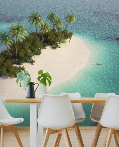 Aerial View of Small Palm Tree Island and Boat Wallpaper