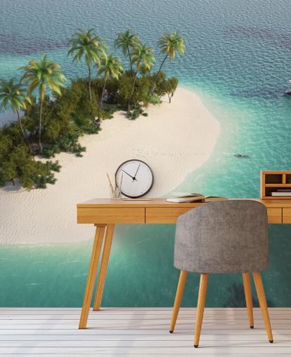 Vista aérea de la pequeña isla de palmeras y papel tapiz de barco Vista aérea de la pequeña isla de palmeras y papel tapiz de barco