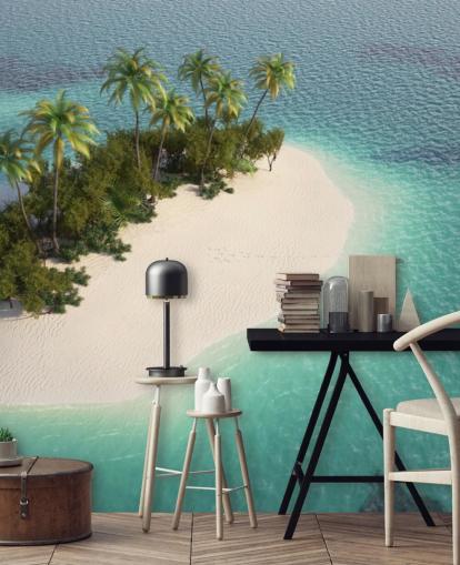 Aerial View of Small Palm Tree Island and Boat Wallpaper Aerial View of Small Palm Tree Island and Boat Wallpaper