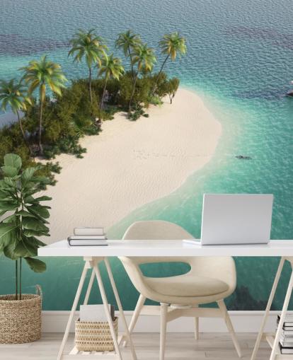 Aerial View of Small Palm Tree Island and Boat Wallpaper