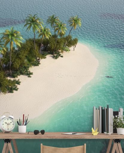 Aerial View of Small Palm Tree Island and Boat Wallpaper