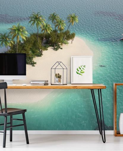 Aerial View of Small Palm Tree Island and Boat Wallpaper