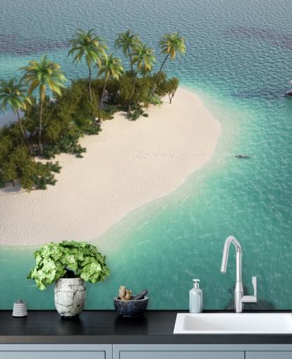 Aerial View of Small Palm Tree Island and Boat Wallpaper