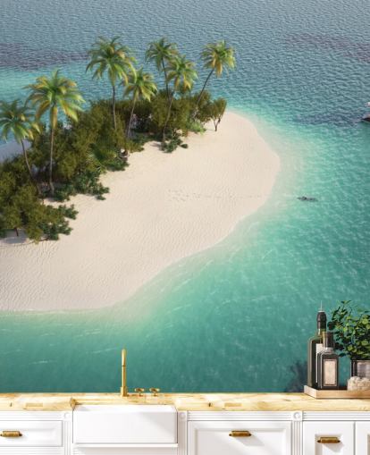 Vista aérea de la pequeña isla de palmeras y papel tapiz de barco