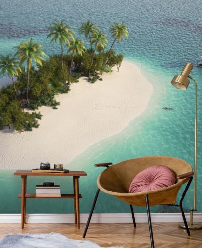 Aerial View of Small Palm Tree Island and Boat Wallpaper