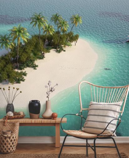 Aerial View of Small Palm Tree Island and Boat Wallpaper