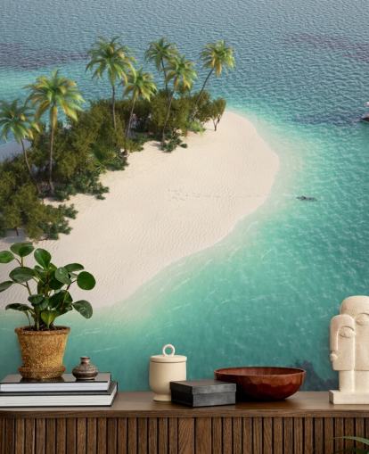 Aerial View of Small Palm Tree Island and Boat Wallpaper