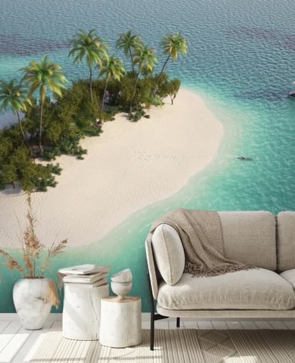 Luftfoto af små Palm Tree Island og båd tapet