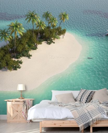 Vista aérea de la pequeña isla de palmeras y papel tapiz de barco