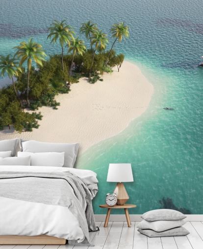 Aerial View of Small Palm Tree Island and Boat Wallpaper