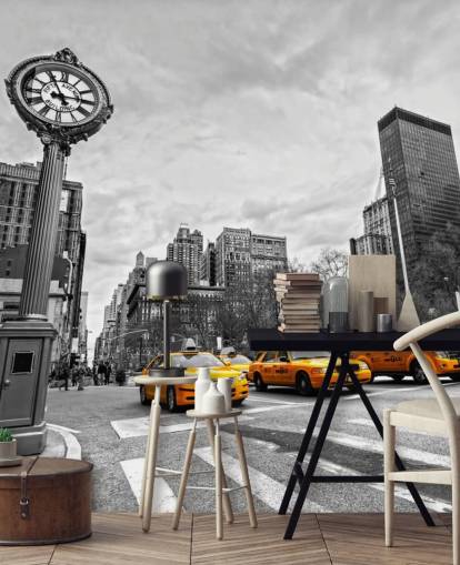 carta da parati new york in bianco e nero con taxi gialli