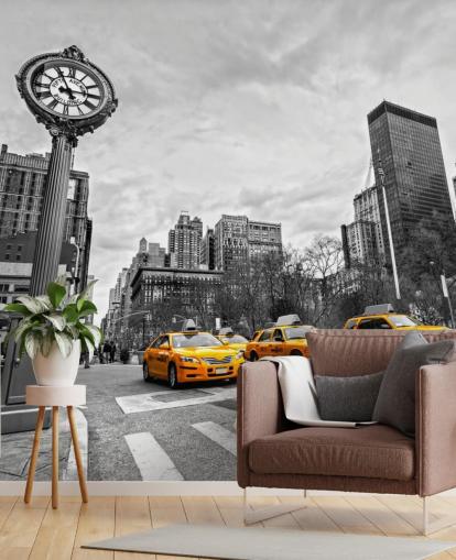 papel de parede preto e branco nova york com táxis amarelos