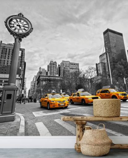 papel pintado blanco y negro de Nueva York con taxis amarillos