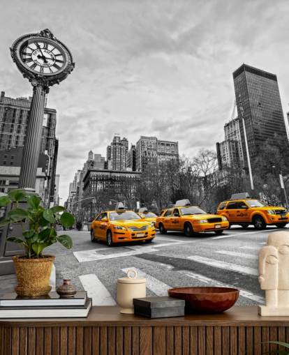 papel de parede preto e branco nova york com táxis amarelos