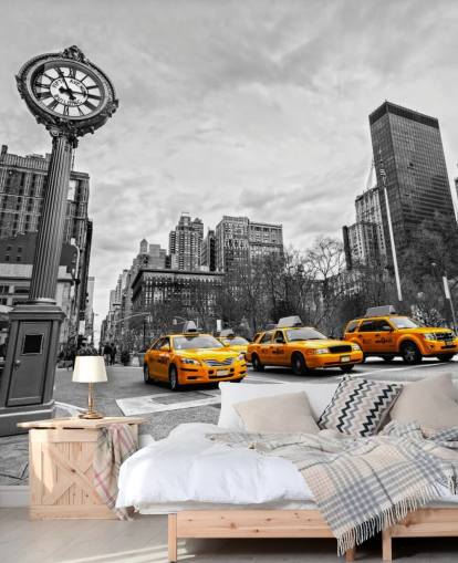 papel de parede preto e branco nova york com táxis amarelos