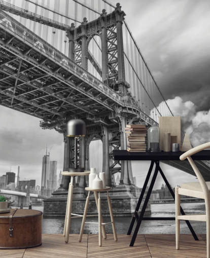 zwart-wit Brooklyn Bridge muurschildering