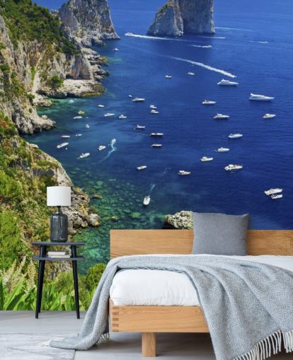 Mural de pared Línea costera de Capri de aguas azules con lanchas rápidas