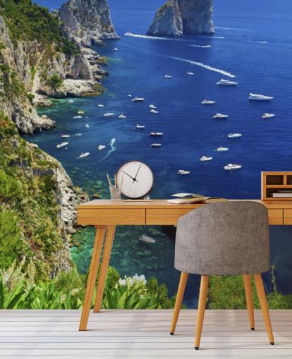 Blue Waters Capri Coast Line with Speed Boats Wall Mural Blue Waters Capri Coast Line with Speed Boats Wall Mural