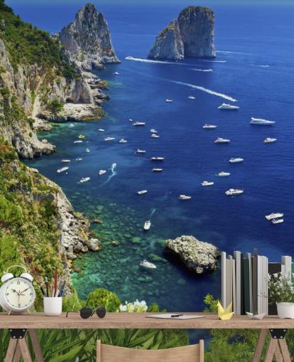 Mural de pared Línea costera de Capri de aguas azules con lanchas rápidas