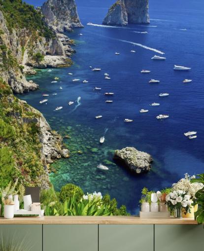 Blue Waters Capri Coast Line mit Schnellbooten Fototapete Blue Waters Capri Coast Line mit Schnellbooten Fototapete