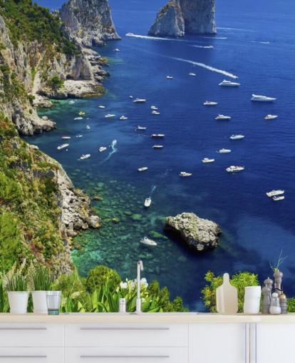 Blue Waters Capri Coast Line with Speed Boats Wall Mural Blue Waters Capri Coast Line with Speed Boats Wall Mural