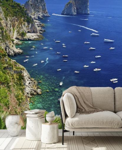 Blue Waters Capri Coast Line mit Schnellbooten Fototapete Blue Waters Capri Coast Line mit Schnellbooten Fototapete