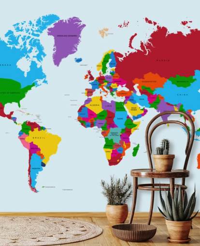 veelkleurig op maat gemaakt wereldkaartbehang genaamd Colour Map of the World voor kantoren en kinderkamers veelkleurig op maat gemaakt wereldkaartbehang genaamd Colour Map of the World voor kantoren en kinderkamers