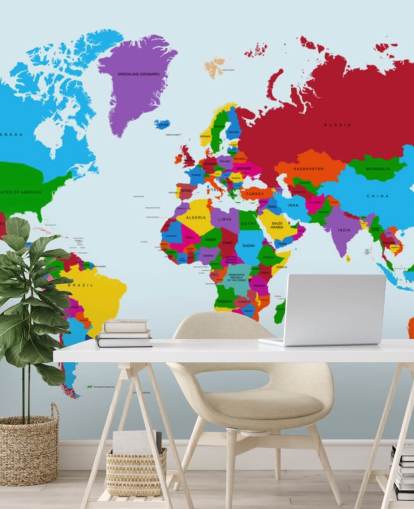 multicoloured custom world map wallpaper called Colour Map of the World for offices and kid's bedrooms