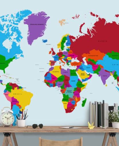 veelkleurig op maat gemaakt wereldkaartbehang genaamd Colour Map of the World voor kantoren en kinderkamers