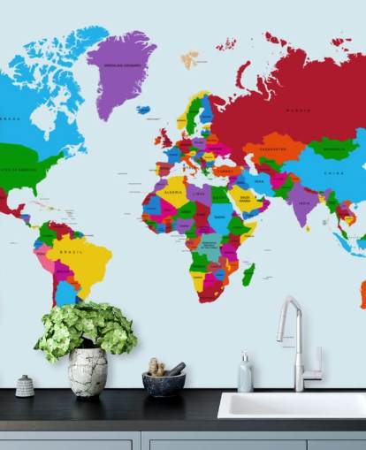 multicolored custom world map wallpaper called Color Map of the World for offices and kid's bedrooms