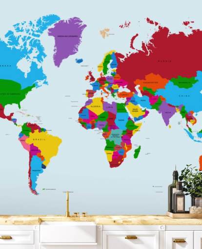 papel pintado multicolor personalizado de mapa del mundo llamado Colour Map of the World para oficinas y dormitorios de niños