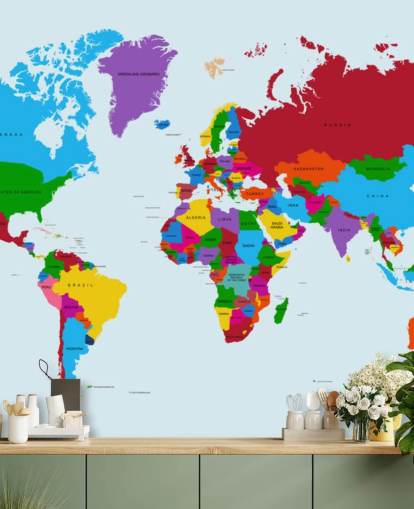papel pintado multicolor personalizado de mapa del mundo llamado Colour Map of the World para oficinas y dormitorios de niños